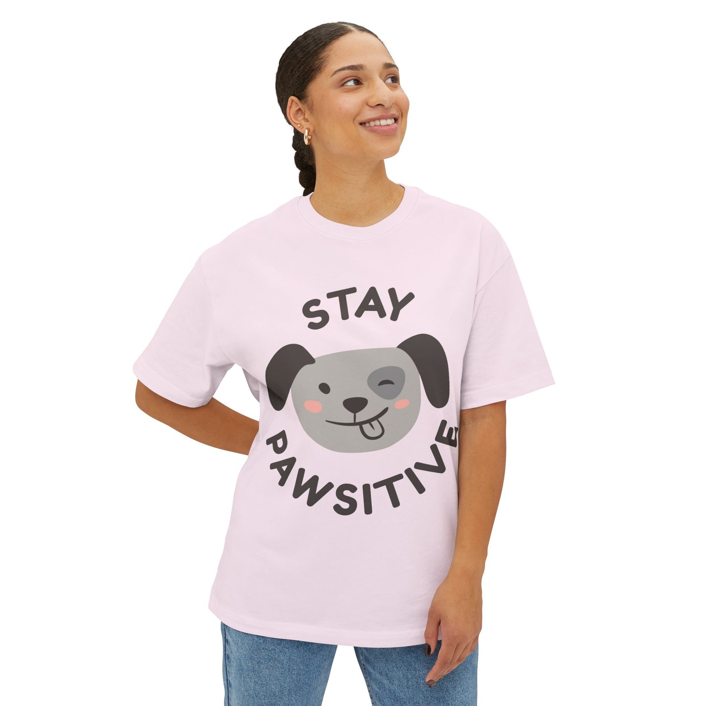Stay Pawsitive Unisex Oversized Boxy Tee, Cute Dog Lover T-Shirt, Inspirational Gift, Animal Lovers Apparel, Positive Vibe Tee