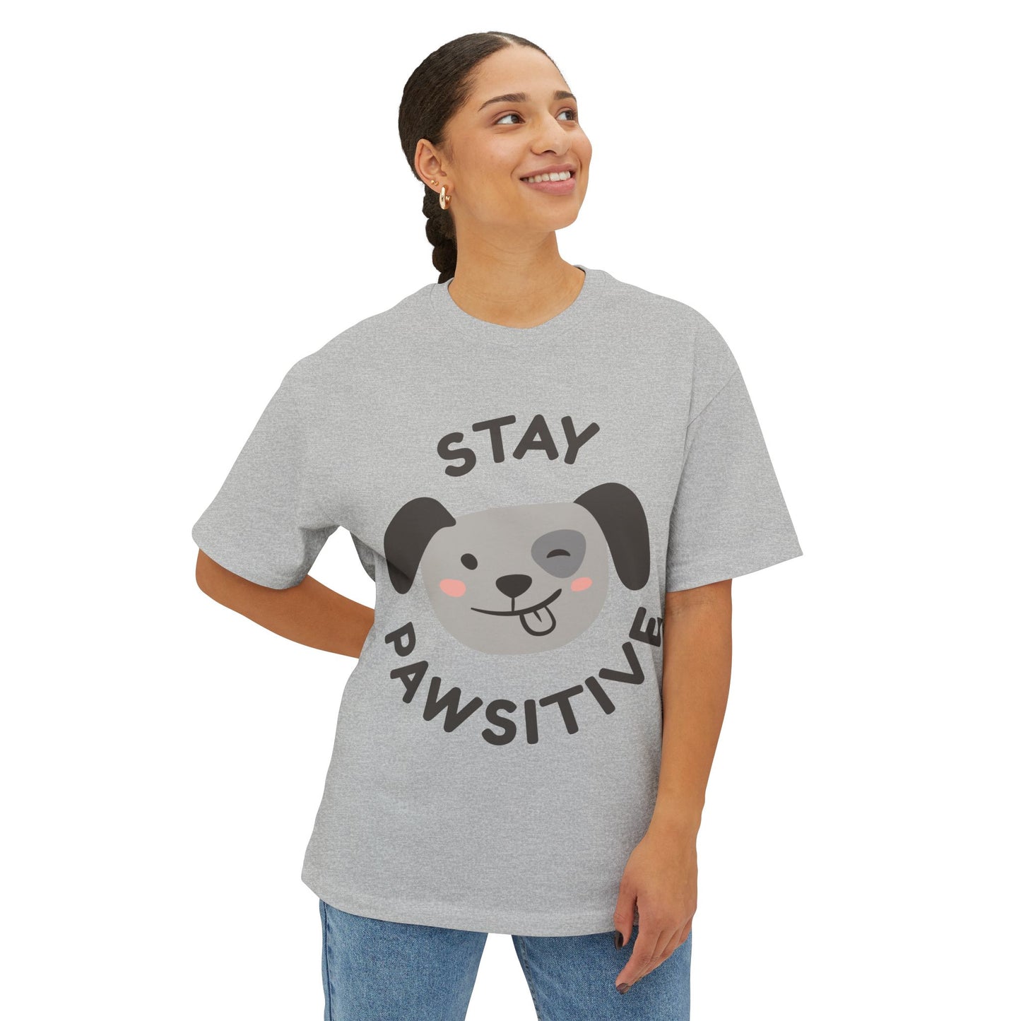 Stay Pawsitive Unisex Oversized Boxy Tee, Cute Dog Lover T-Shirt, Inspirational Gift, Animal Lovers Apparel, Positive Vibe Tee