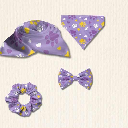 Purple Royale Pet & Me Matching Set – Scarf, Scrunchie, Bandana & Bow Tie